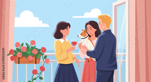 Friends and pet enjoying a balcony gathering with red roses