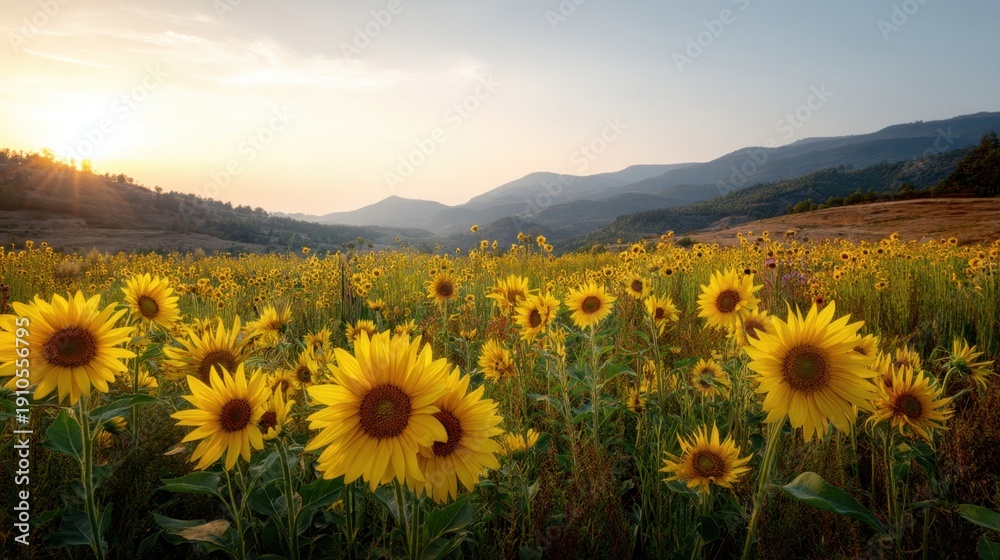 Fototapeta premium Vast field of bright yellow sunflowers at sunset. Beautiful summer landscape with mountain ranges in the background. Agriculture and nature concept.