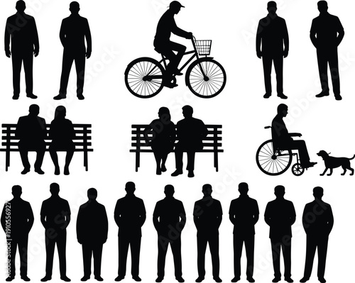 People silhouette set with standing men, cyclist riding bicycle, couple sitting on park bench, wheelchair person with dog, isolated vector illustration