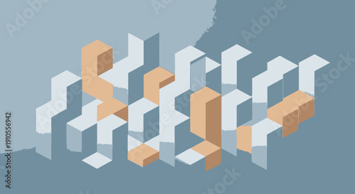 A collection of 3D geometric shapes in various orientations and colors arranged in a seemingly random pattern on a gray background from a slightly elevated viewpoint