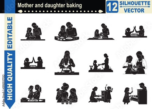 Silhouette set of a mother and daughter baking together, representing family bonding, home education, domestic kitchen activities, and cooking joy.