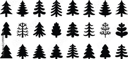 Collection of black pine and fir tree silhouette vector icons isolated on white background for forest design, winter themes, nature branding, and creative projects