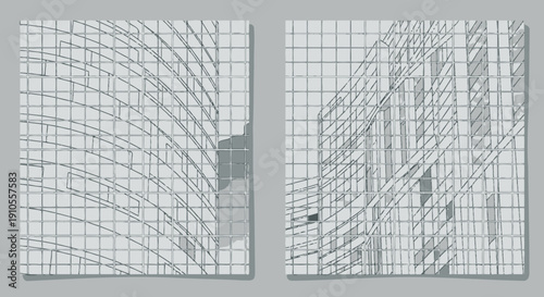 Modern architectural details of a building's facade captured in a detailed illustration from a low angle viewpoint