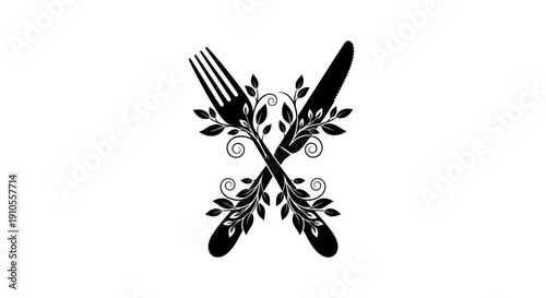 Crossed fork and knife adorned with leaves and swirls in a symmetrical black illustration on a clean white background viewed from directly above
