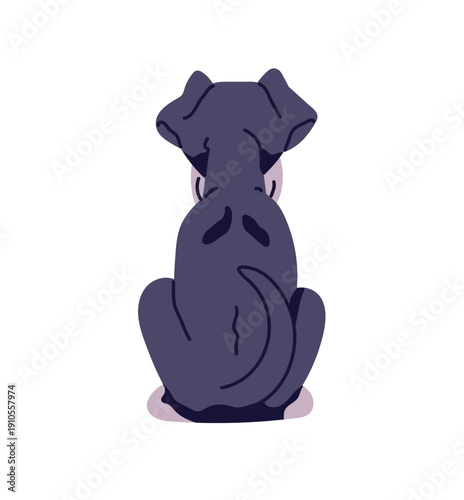Back view of happy schnauzer wagging tail. Backside of cute baby dog. Behind of funny puppy. Turned away sitting pet, fluffy domestic animal. Flat isolated vector illustration on white background.