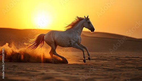 White arabian horse galloping through desert dunes at sunset