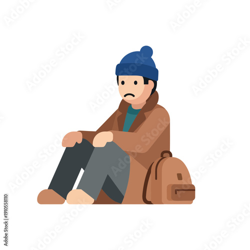 Sad Homeless Person Sitting Flat Icon