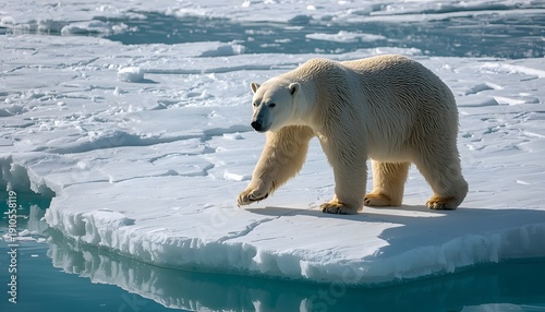 Polar bear walking on melting ice floe in the Arctic ocean