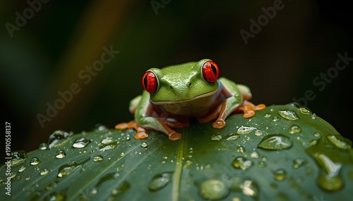 Red-eyed tree frog sitting on green leaf with water drops