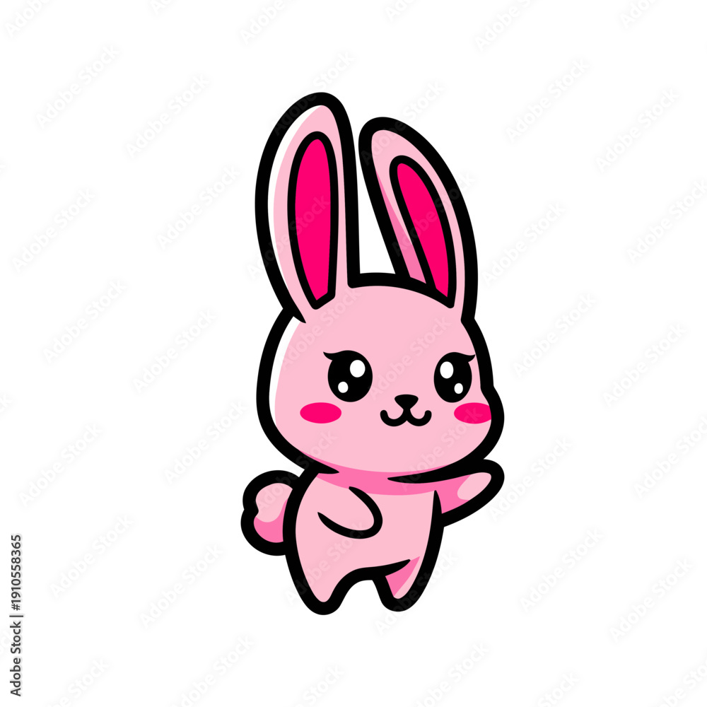 Fototapeta premium Adorable Pink Bunny Character Waving Paw