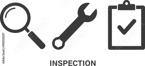 Magnifying glass, wrench, and checklist icons symbolizing inspection and quality control