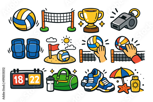 Colorful beach volleyball equipment collection with trophy and accessories.