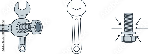 Wrench tightening bolt and nut, isolated illustration of mechanical fastening process