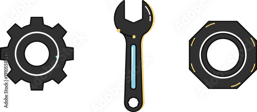 Industrial tools including a gear, wrench, and nut on a white background