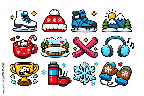 Winter sports and activities icons: skates, snow, mountains, and winter gear illustrated.