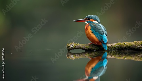 Common kingfisher bird perched on a branch with water reflection