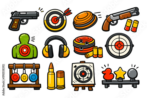 Colorful shooting range icons: targets, weapons, ammunition, and ear protection.