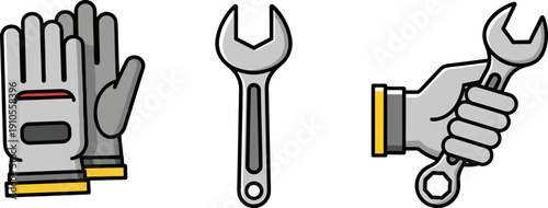 Set of icons representing tools and safety equipment for manual labor and repairs