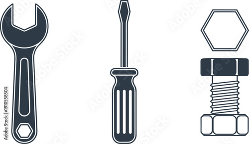 Set of simple line art icons representing tools: wrench, screwdriver, bolt and nut