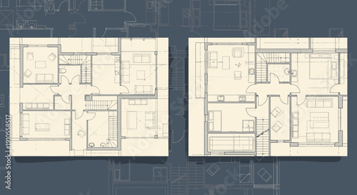 Architectural floor plans comparison side by side on a blueprint background illustrating design differences in building layouts and interior spaces from an overhead viewpoint