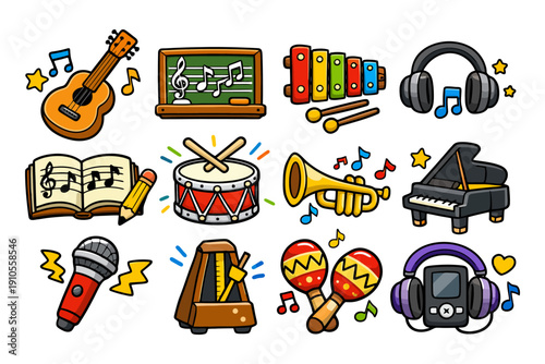 Colorful musical instruments collection with music notes and headphones.