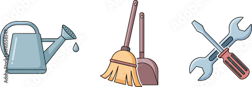 Set of cartoon icons for gardening, cleaning, and repair tools