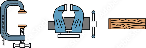 G clamp and bench vise with wood block illustration