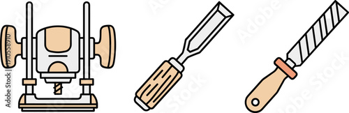 Set of woodworking tools including a router, chisel, and rasp on a white background