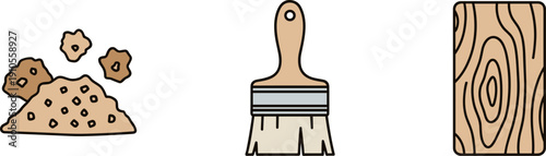 Pile of dirt, paintbrush, and wood plank icons representing construction and DIY projects