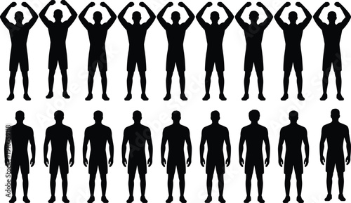 Set of male athlete silhouettes in standing and flexing pose, strong sports bodybuilder figures collection isolated on white background for fitness concept