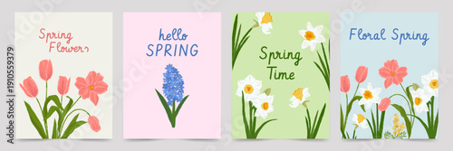 Whimsical spring floral cards with hand drawn flowers in pastel colors. Cute botanical illustrations with tulips, daffodils and hyacinths for greeting cards, invitations, posters and seasonal design.