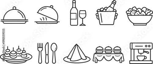 Collection of elegant line art icons representing various catering and dining elements