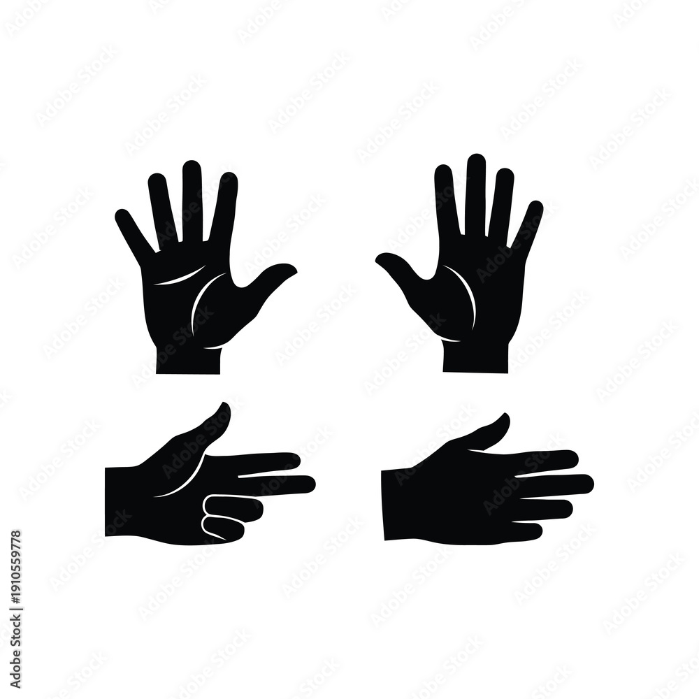 Fototapeta premium Four black silhouettes of hands in different gestures on white background icon