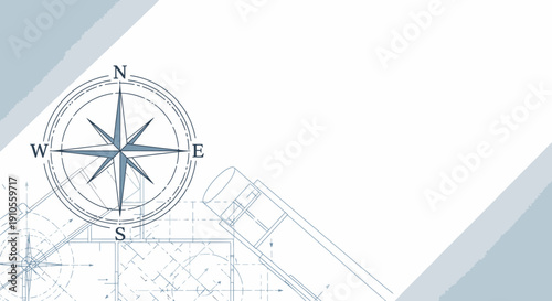 A detailed illustration of a compass and map on a navigation-themed background from a directly overhead viewpoint