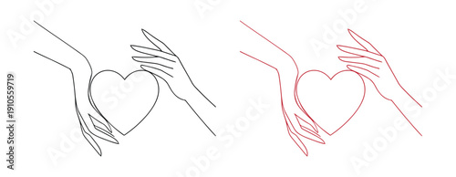 Hands forming heart shape in elegant line art style. Hands holding a heart icon in line art with two variations showing different styles on a clean white background
