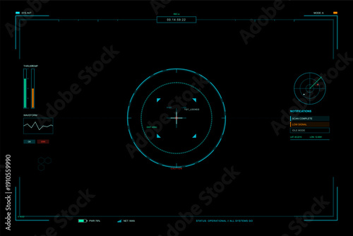This futuristic digital head-up display interface features a central targeting reticle, radar, waveform graph, and various technical status indicators on a dark background.