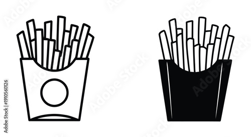 A series of black and white images of french fries. The images are all different sizes and shapes. Vector. Silhouette illustration.