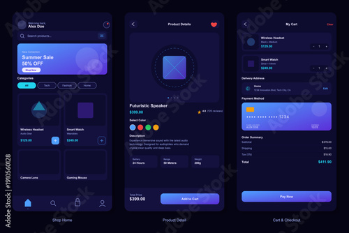 Three mobile app interface screens showing a dark themed online store with a home page, product details for a speaker, and a checkout page with payment options and order summary.