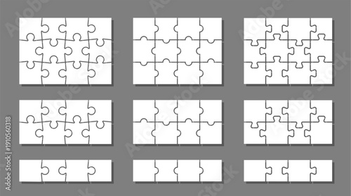 Jigsaw puzzle piece set in different sizes. Collection of templates with outline for game, infographic, educational design. Vector jigsaw picture texture collection. Kit of Puzzle grid business chains