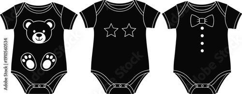 Baby onesies illustration, bear face design, star print clothing, bow tie outfit, infant apparel, cute romper fashion, newborn bodysuit vector