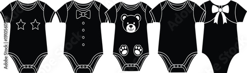 Black baby onesies, cute infant clothing, star design, bow tie outfit, bear face romper, plain bodysuit, stylish newborn apparel, fashion