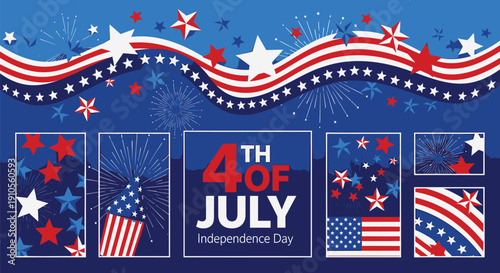 4th of July Independence Day banner template with American flags, fireworks, and patriotic patterns, vector illustration for website or social media