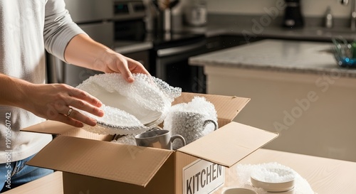 Hands packing fragile kitchen dishes with bubble wrap into a cardboard moving box in a modern kitchen setting.