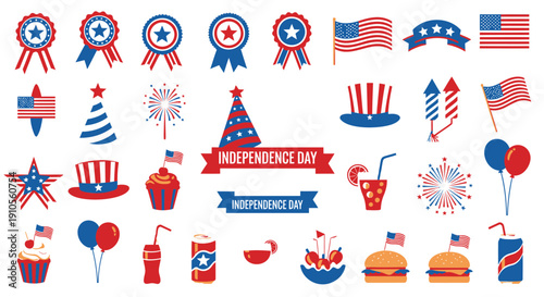 4th of July Patriotic Icons Set, American Flag, Independence Day Elements, Ribbons, Badges, Balloons, Food, for Banner or Poster, Isolated on Transparent Background, PNG