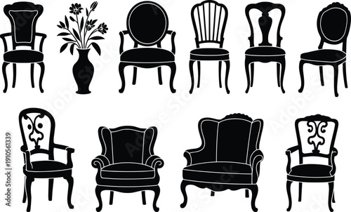 Classic vintage chair collection with ornate armchairs, elegant seating designs and decorative floral vase, black silhouette vector illustration isolated on white background