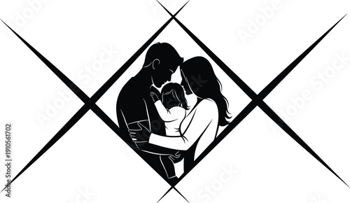 Family unity illustration, parents embracing child, love and support concept, black and white design, diamond frame art, companionship theme