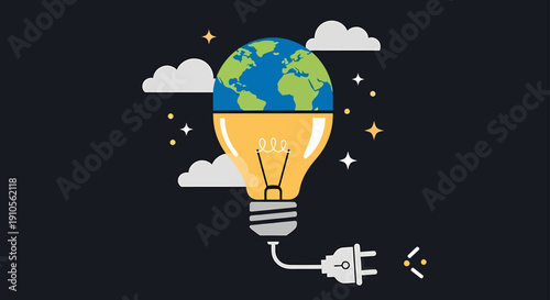 Vector illustration of a lightbulb with Earth inside, symbolizing global innovation and sustainability concepts