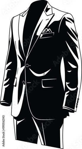Minimalist black and white illustration, formal men’s suit, blazer with pocket square, tailored trousers, fashion design, sleek polished appearance, flavector