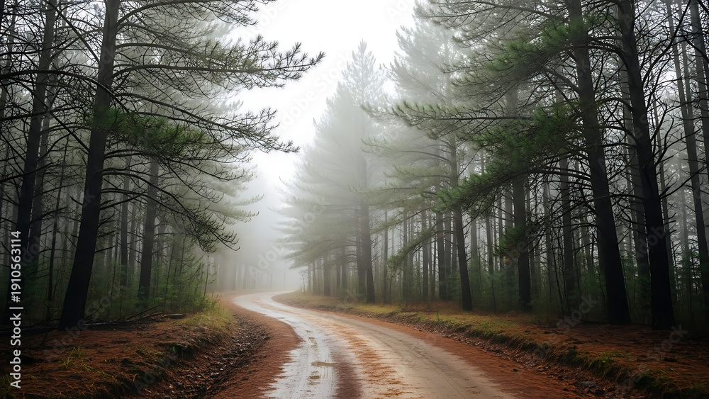 Fototapeta premium Misty Forest Path Adventure, Nature Trail, Serene Environment, Landscape Photography, Peaceful Ambience