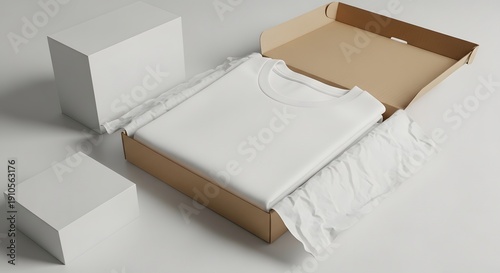 White folded t-shirt in an open brown cardboard box with two blank white rectangular boxes for product mockup